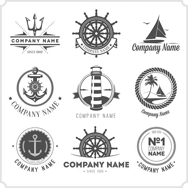 neun schwarze vintage nautische symbole auf weiß - silhouette passenger ship nautical vessel mode of transport stock-grafiken, -clipart, -cartoons und -symbole