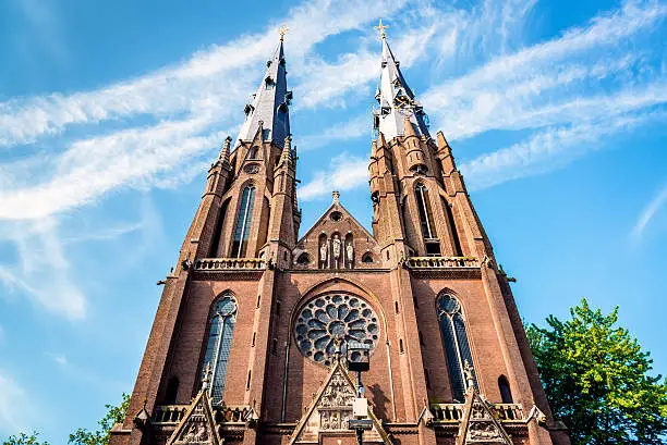 Facade of roman catholic Saint Catharine Church (Catharinakerk) in Eindhoven, Netherlands. Church in Gothic Revival style