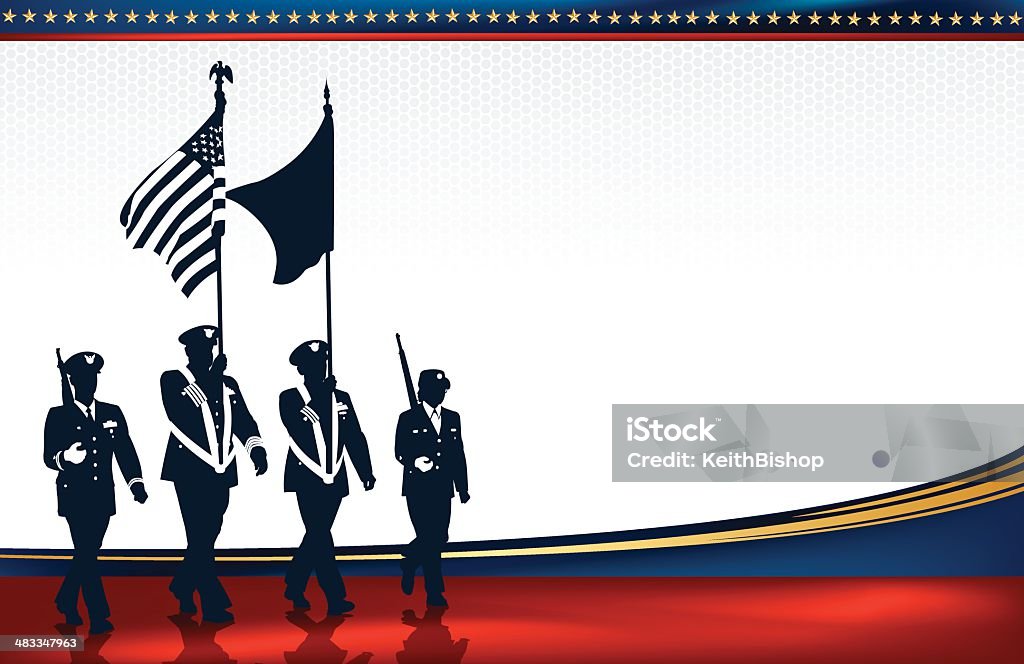 Desfile militar soldados con bandera estadounidense de fondo - arte vectorial de Fondos libre de derechos