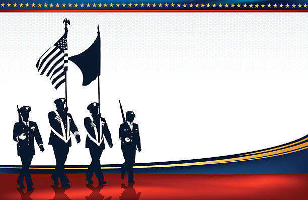 illustrations, cliparts, dessins animés et icônes de parade militaire des soldats avec drapeau américain en arrière-plan - flag bearer