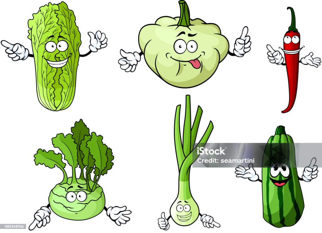 Cartoon fresh isolated farm vegetables Fresh cartoon green onion, chili pepper, chinese and kohlrabi cabbage, pattypan squash and zucchini vegetables  for organic or vegetarian food design 2015 stock vector