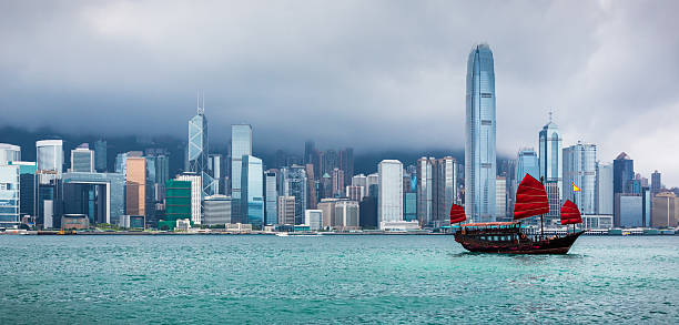 junkboat chinês tradicional, vela no porto de vitória, hong kong - hong kong skyline panoramic china imagens e fotografias de stock