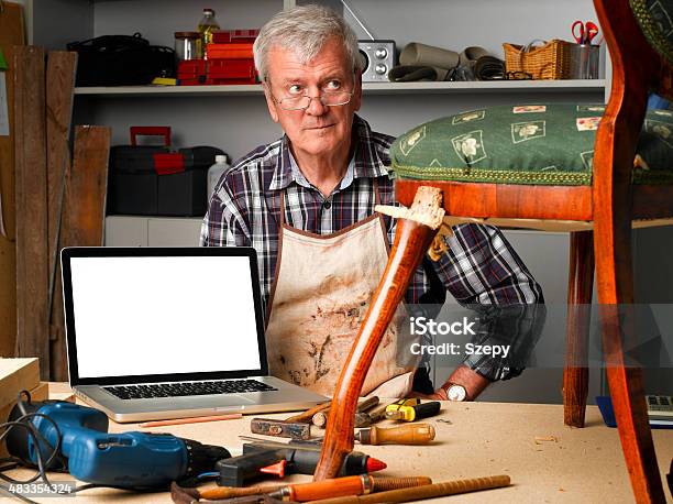 Retired Carpenter With Laptop Stock Photo - Download Image Now - 2015, Adults Only, Antique