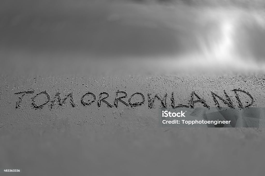 Tomorrowland sign on a beach in black and white colour 2015 Stock Photo