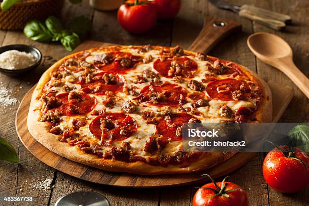 Homemade Meat Loves Pizza Stock Photo - Download Image Now - Pizza, Meat, Sausage