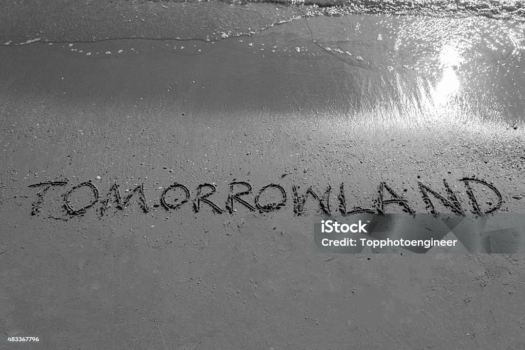 Tomorrowland sign on a beach in black and white colour 2015 Stock Photo