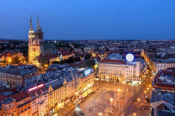 Aerial view of Zagreb skyline with the Ban Jelacic Square and the city's Cathedral in Croatia.