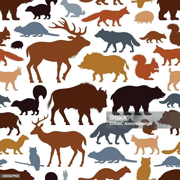 Wild Animals Pattern Stock Illustration - Download Image Now - In Silhouette, European Bison, Icon Symbol