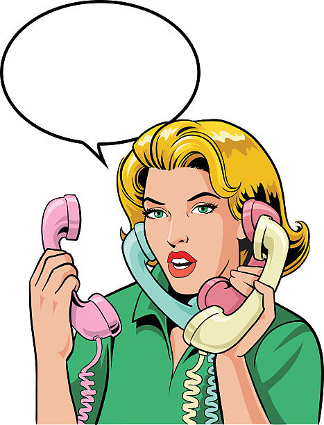 illustrations, cliparts, dessins animés et icônes de blond style rétro femme parlant sur quatre téléphones - high standard