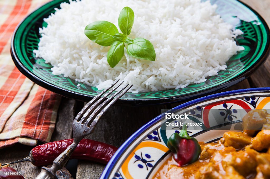 Basmati rice Chicken curry tikka masala with basmati rice on decorated bowl 2015 Stock Photo