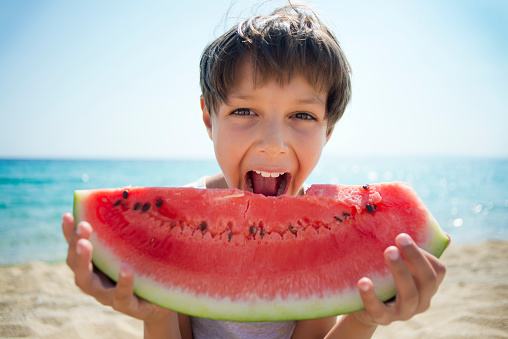 Happy boy eating watermelon at the beach, looking at camera