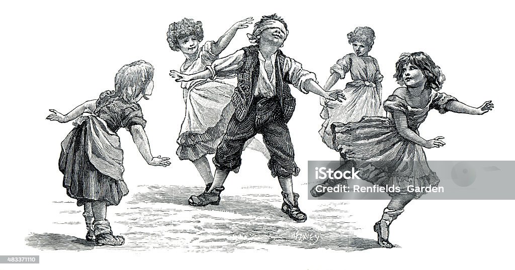 Blind Man's Buff A group of Victorian play "blind man's buff" in this engraving after a drawing by Dorothy Tennant (1855-1926). Tennant, who became Lady Stanley, often visited the shabby parts of London to sketch the adorable "street Arabs" she found there. Child stock illustration