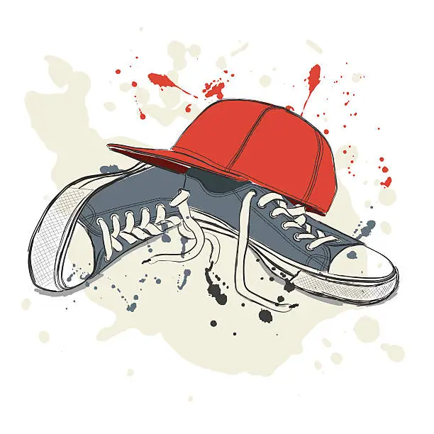 Vector illustration of Drawing vector illustration with sneakers and baseball cap