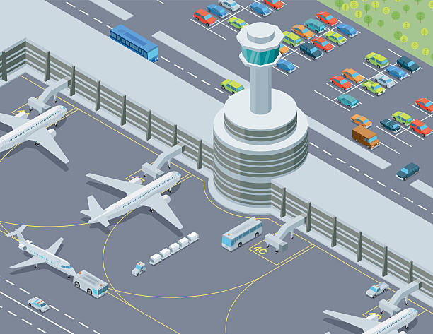 ilustrações de stock, clip art, desenhos animados e ícones de minibarra de ferramentas, transporte do aeroporto - vector isometric airplane bus