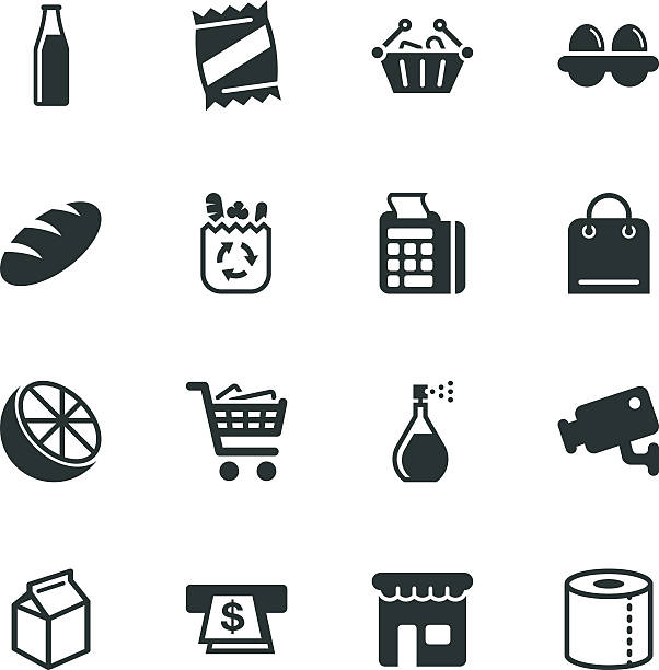 illustrazioni stock, clip art, cartoni animati e icone di tendenza di supermercato silhouette icone - cash register e commerce technology shopping cart