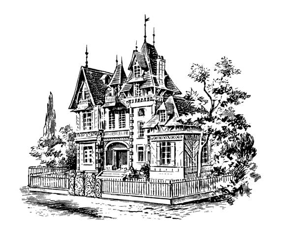 Antique Engraving - Mansion Antique engraving of a typical residential building from from XIX century, isolated on white. Very high XXXL resolution image scanned at 600 dpi. Published in Specimens des divers caract victorian house stock illustrations