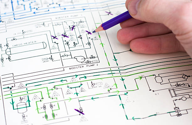 Engenheiro a trabalhar com técnicas diagrama de uma instalação de armazenagem de gás. - fotografia de stock