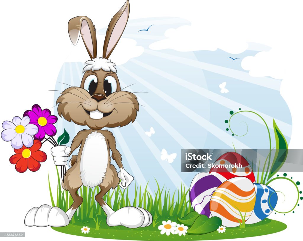 Rabbit with Easter eggs and flowers Happy bunny with Easter eggs and flowers in the meadow Agricultural Field stock vector