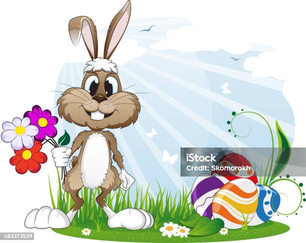 Rabbit With Easter Eggs And Flowers Stock Illustration - Download Image Now - Agricultural Field, Animal, Baby Rabbit
