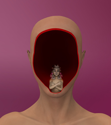psychological surreal Illustration of young mind in an old body. Young girl in an empty headroom and a pink backgound