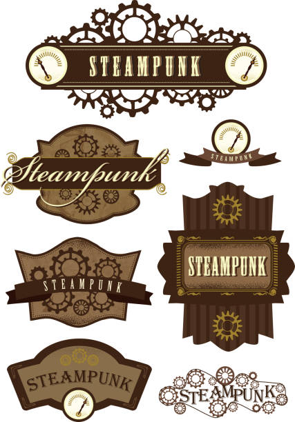 ilustraciones, imágenes clip art, dibujos animados e iconos de stock de conjunto de etiquetas steampunk - steampunk