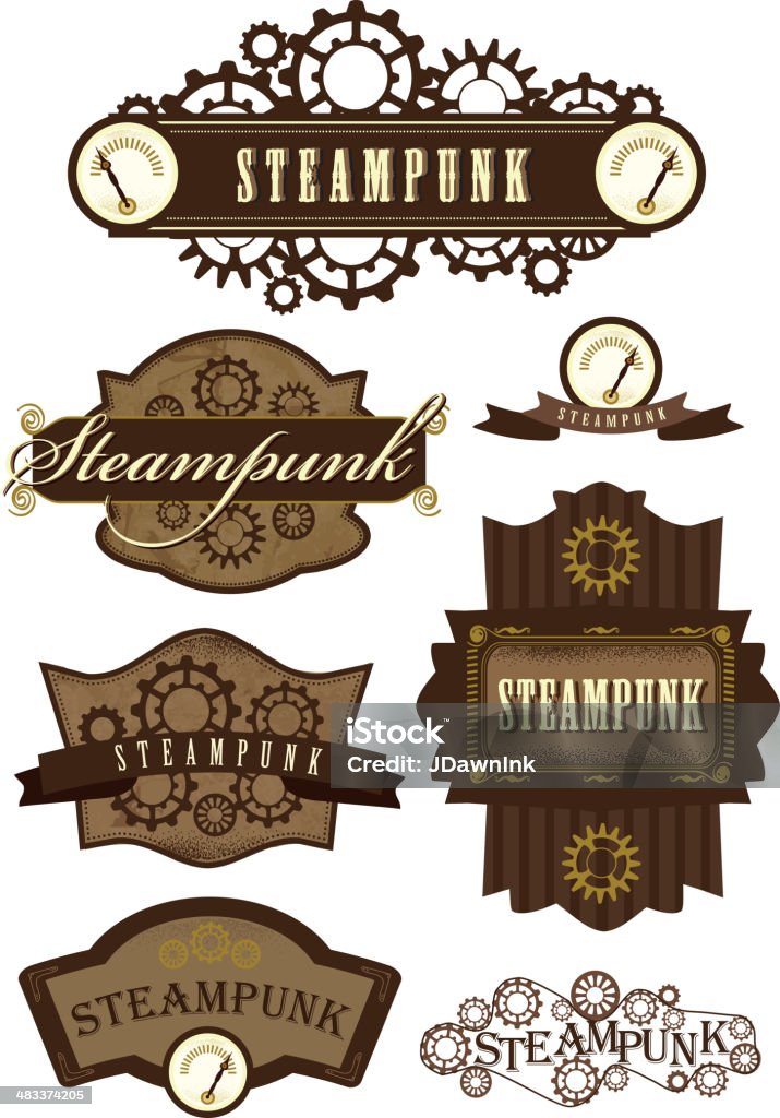 Set of steampunk labels Vector illustration of assorted steampunk labels. Includes stylized text,gears and dials. Download includes Illustrator 8 eps, high resolution jpg and png file. Steampunk stock vector