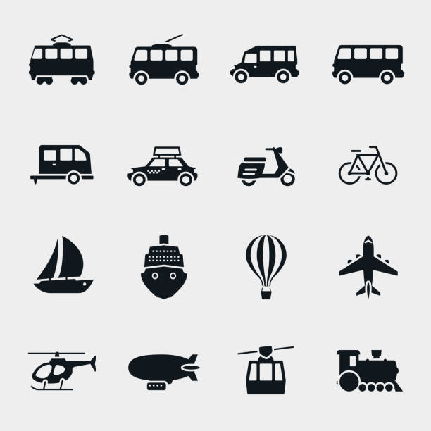 Vector monochrome transport and vehicle icons Vector monochrome transport and vehicle icons. Car and train, bus and balloon, sailboat and moped balloon icons stock illustrations