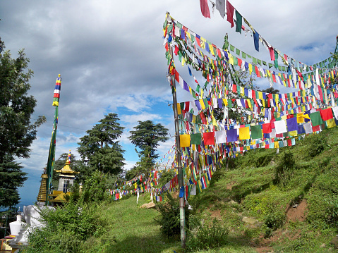 Tibetan Buddhist Prayer Flags in Dalai Lama Temple in McLeod Ganj,  a suburb of Dharamshala in Kangra district of Himachal Pradesh, India.