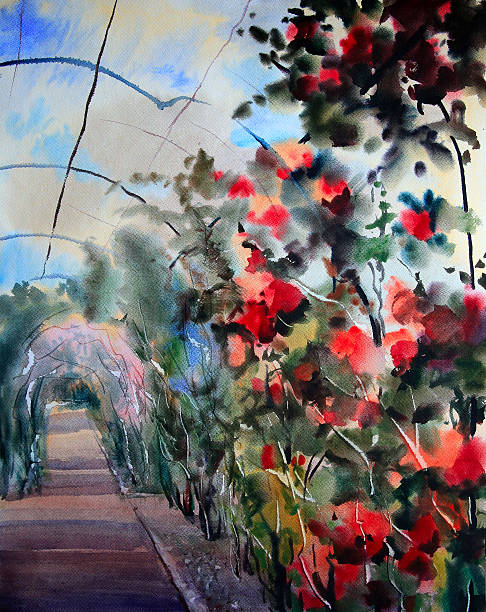 akwarela-kwitnących róż w rosary - painted image illustration and painting expressionism tree stock illustrations