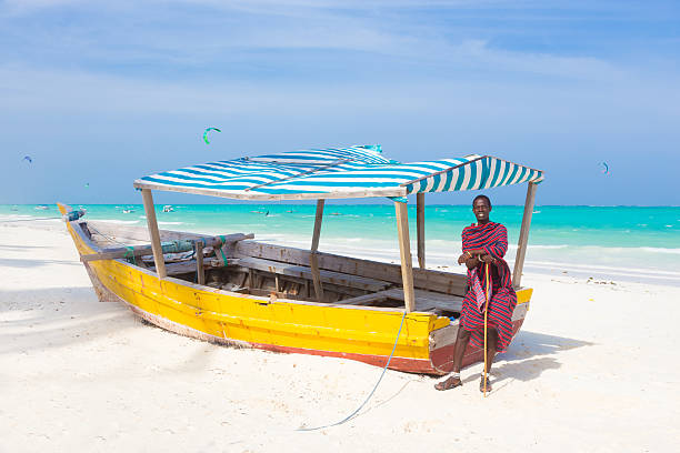 White tropical sandy beach on Zanzibar. stock photo