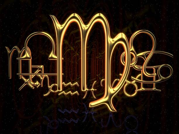 the zodiac sign of Virgo in the foregound, in gold