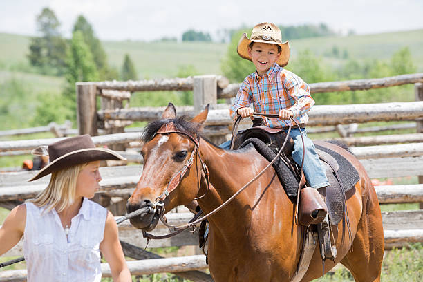 istock Excited  child riding horse during lesson at dude ranch 483376791