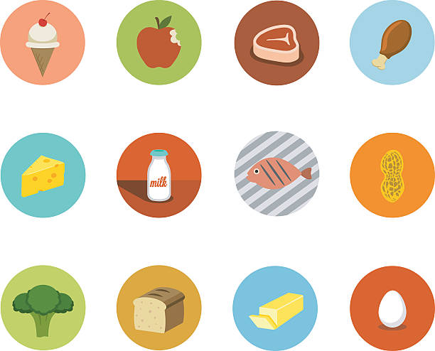 ilustraciones, imágenes clip art, dibujos animados e iconos de stock de iconos de alimentos circle - milk bread