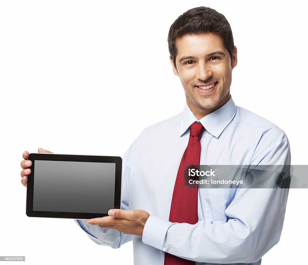 사업가 제시 빈 화면이 디지탈 태블릿-격리됨에 - 로열티 프리 남자 스톡 사진