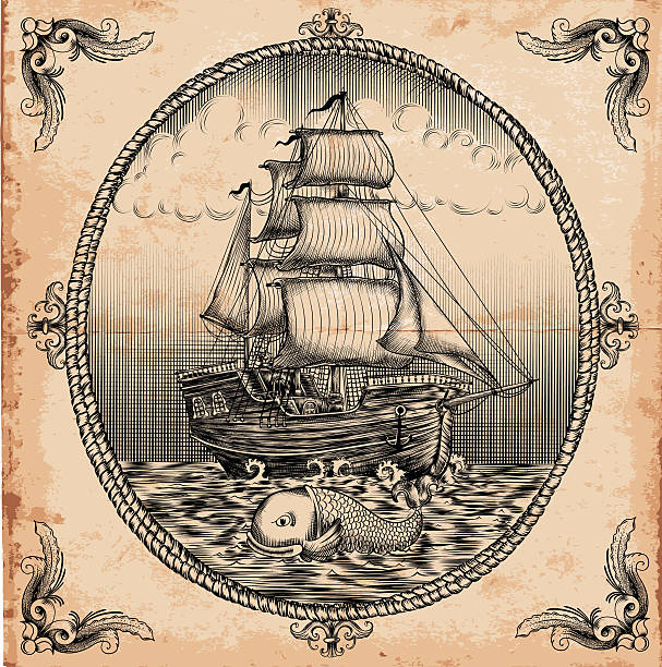 vintage-segelboot - sailing ship sailing sea military ship stock-grafiken, -clipart, -cartoons und -symbole