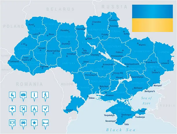Vector illustration of Map of Ukraine - states, cities, flag, navigation icons