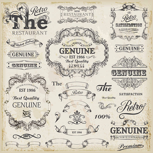 ilustrações de stock, clip art, desenhos animados e ícones de conjunto de elementos de design vintage com texto anúncios. - pattern design sign cafe