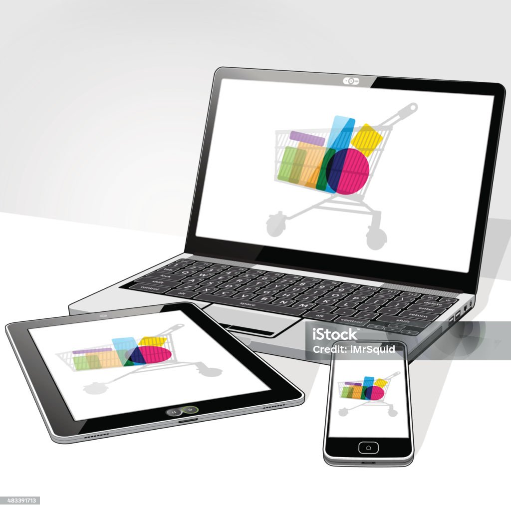 Laptop Tablet e SmartPhone Digital de Compras - Royalty-free Aplicação móvel arte vetorial