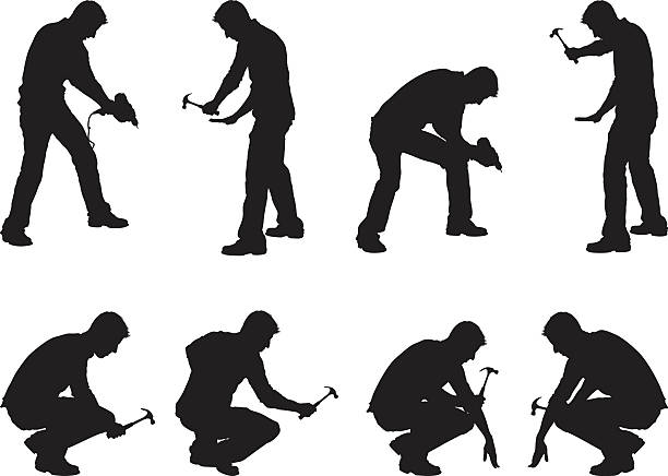 ilustraciones, imágenes clip art, dibujos animados e iconos de stock de trabajadores de la construcción perforación y percusión - crouching silhouette men people