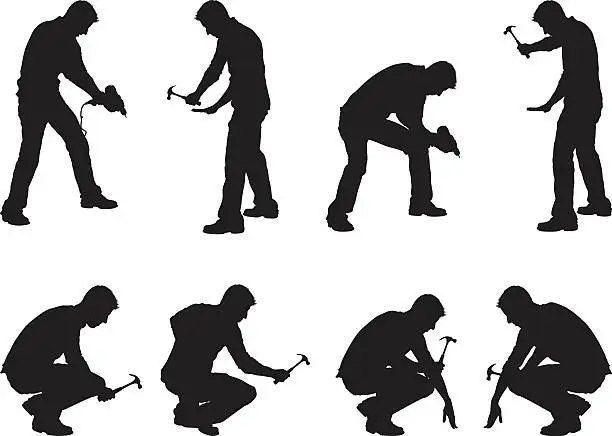 Vector illustration of Construction workers drilling and hammering