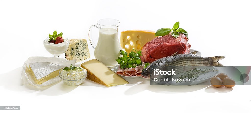 Protein food Protein rich food from my food pyramid studio shot. Meat Stock Photo