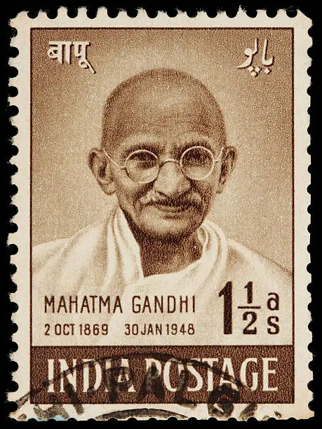 1948 Indian postage stamp Mahatma Gandhi. DSLR with 100mm macro; no sharpening.