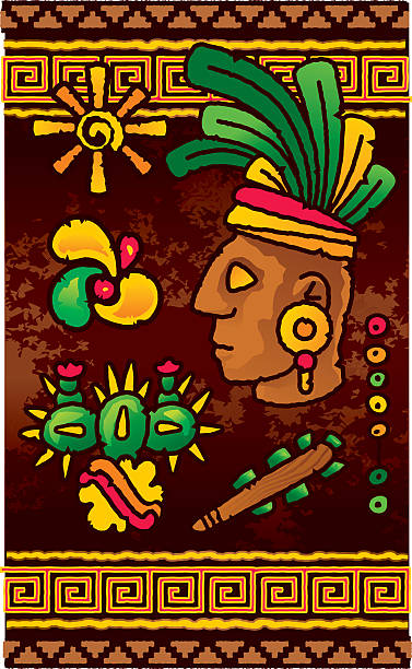 Prehispanic design elements Vector iconic elements and motifs related to prehispanic indian cultures on a parchment background olmec head stock illustrations