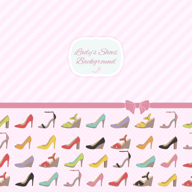 Lady's shoes background with lines and ribbon. Pink polka dot. Lady's shoes background with diagonal lines and ribbon. Pink polka dot back. drawing of pink and black polka dot wallpaper stock illustrations