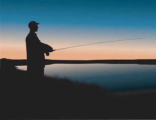 Vector illustration of Sunset silhouette of a man fishing on a prairie lake.