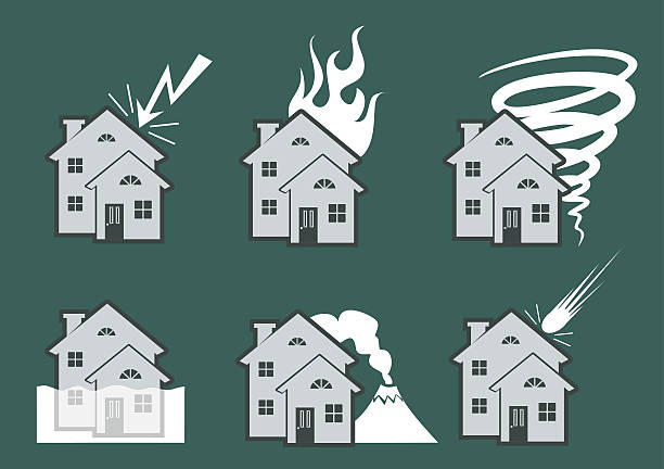 ilustrações, clipart, desenhos animados e ícones de desastre natural ícones - tornado natural disaster damaged house