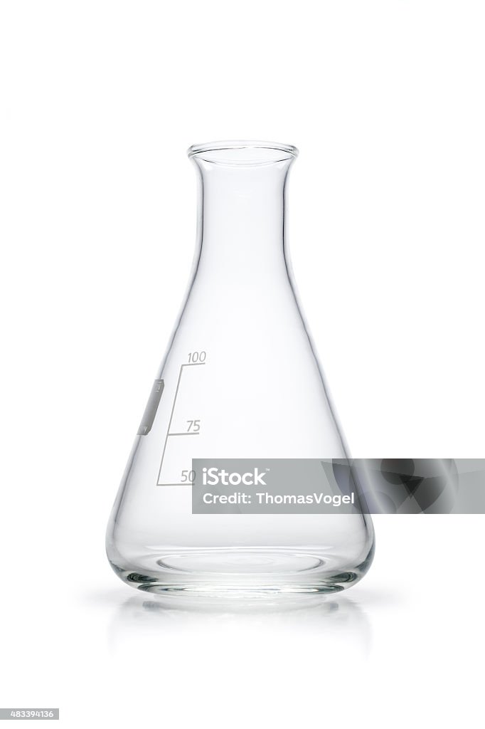 Empty Erlenmeyer flask - Isolated White Background Empty 100ml Erlenmeyer flask isolated on white. Photo captured with a Zeiss Makro-Planar T* 2/50mm at f16. Beaker Stock Photo