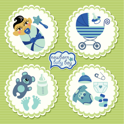 A set of cute cartoon Label with elements for Asian newborn baby boy. Baby cartoon icons,scrapbooking elements in strips background.Vector illustration