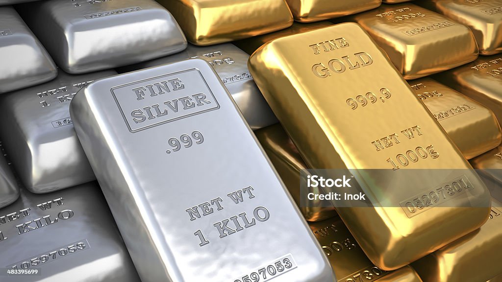 Gold and silver bars Gold and silver bullion. Finance 3d illustrtration Silver - Metal Stock Photo