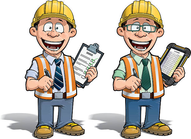 Construction Worker - Project Manager Cartoon illustration of a construction worker supervisor checking a project list.  Two versions: 1) on with a pen on a traditional pad and 2) on a tablet more hip with glasses.Lineart, Color Shading and Drop Shadow are in separate layers for easy editing. superintendent stock illustrations